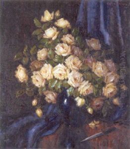 White Roses In A Black Vase On A Draped Table White Roses In A Black Vase On A Draped Table