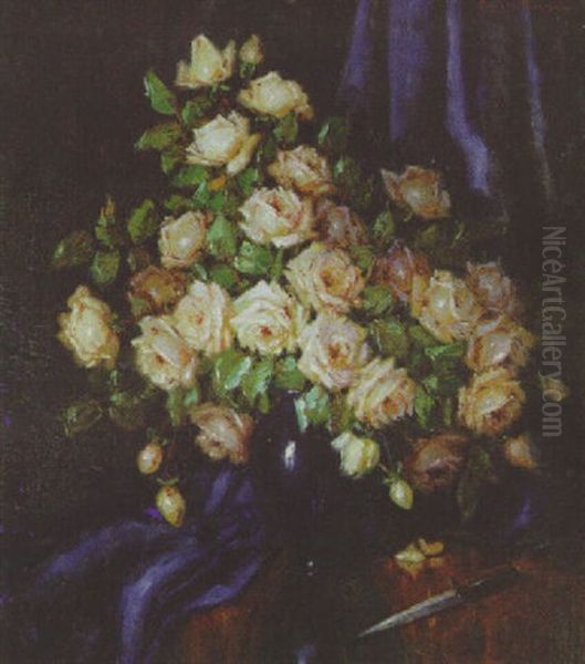 A Still Life Of Pink Roses In A Blue Vase - view 1