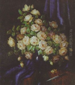 A Still Life Of Pink Roses In A Blue Vase A Still Life Of Pink Roses In A Blue Vase