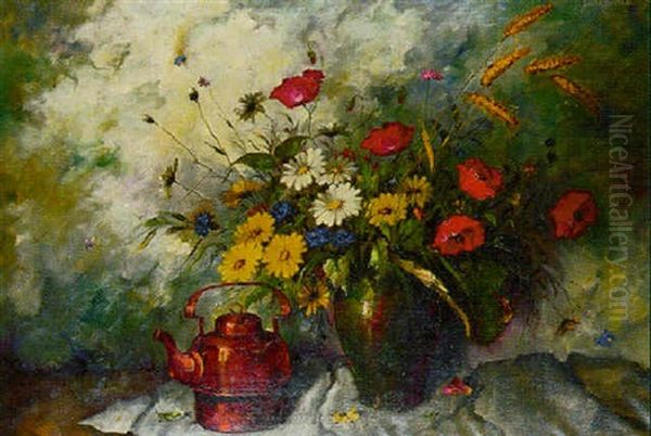 Summer Flowers In A Vase By A Copper Kettle - view 1