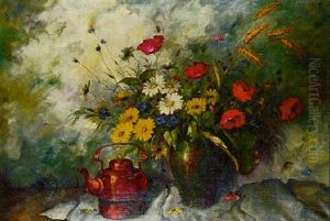 Summer Flowers In A Vase By A Copper Kettle