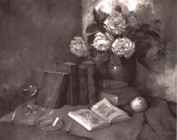 Stilleben Mit Rosenstraus, B_chern Und Apfel - view 1