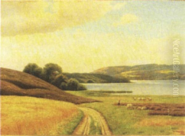 Dansk Sommerlandskab Fra Egnen Omkring Himmelbjerget, Med Hyrdedreng Og Far Pa Marken - view 1