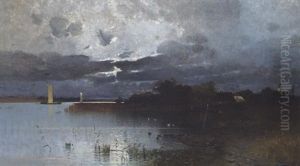 Abendliche Gewitterstimmung Uber Einem Seeufer by Eduard Fischer