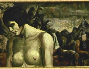 Zwei Akte In Felsiger Gebirgslandschaft Mit Wasserfall by Ernest Maria Fischer
