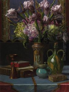 Stilleben Mit Einem Arrangement Aus Buchern, Krugen, Einer Messingschale Sowie Einer Porzellanvase Mit Blumenstraus Auf Einem Tisch by Ernst Albert Fischer