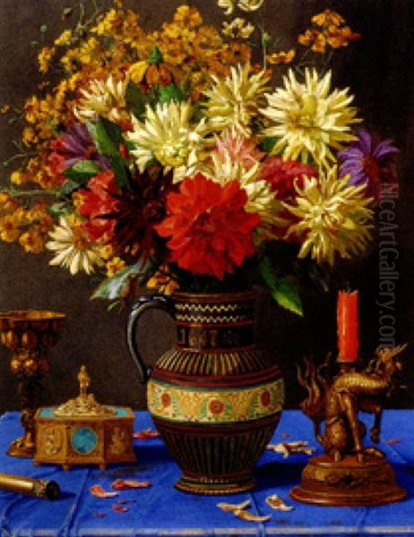 Stilleben Mit Grosem Herbstlichem Blumenstraus, Chinesischem Leuchter, Augsburger Silberhumpen Und Spieldose - view 1