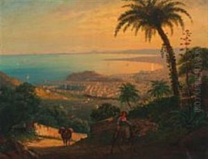 View Of The Gulf Of Naples, In The Foreground An Italien Lady Riding A Donkey
