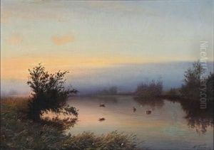 Sunset Over A Forest Lake by Hans Christian Fischer