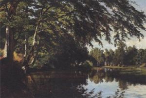 Sommerdag Ved Skovso, I Baggrunden Landarbejdere Der Stakker Korn Sommerdag Ved Skovso, I Baggrunden Landarbejdere Der Stakker Korn