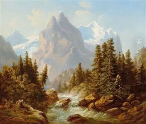 Wetterhorn With The Jungfrau Massif And The Upper Course Of The Lutschine by Heinrich Fischer