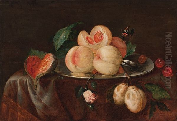 Stillleben Mit Zinnteller, Fruchten, Rosenzweig Und Schmetterling - view 1