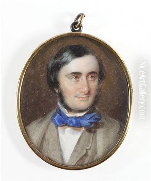 A Gentleman, Wearing Dove Grey Coat And Waistcoat, White Chemise And Blue Knotted Necktie, His Dark Hair Parted To One Side - view 1