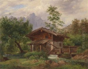 Alte Muhle Bei Werfen Mit Blick Auf Die Torsaule Und Mandlwand Im Hochkonigsgebiet by Ludwig Hans Fischer