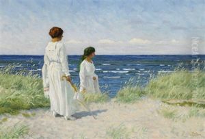 Two Young Women In Light Summer Dresses On Hornbaek Beach by Paul Fischer