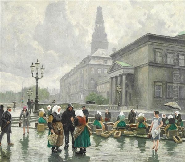 Buying Fresh Fish At Gammel Strand With Christiansborg In The Background - view 1