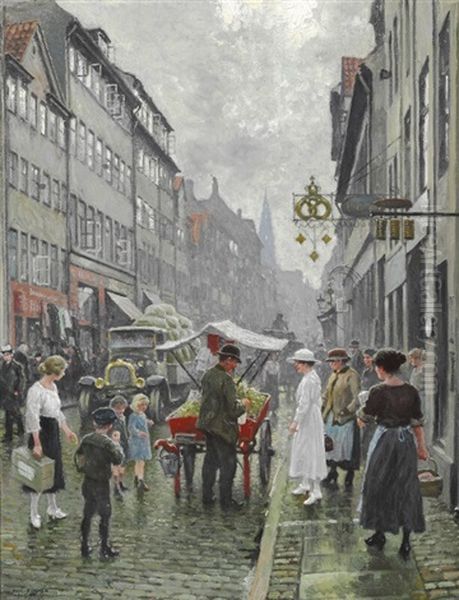 Street Life In Borgergade In Copenhagen With A Man Selling Apples From A Red Cart - view 1