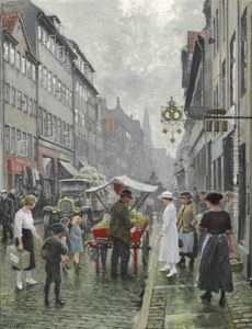Street Life In Borgergade In Copenhagen With A Man Selling Apples From A Red Cart