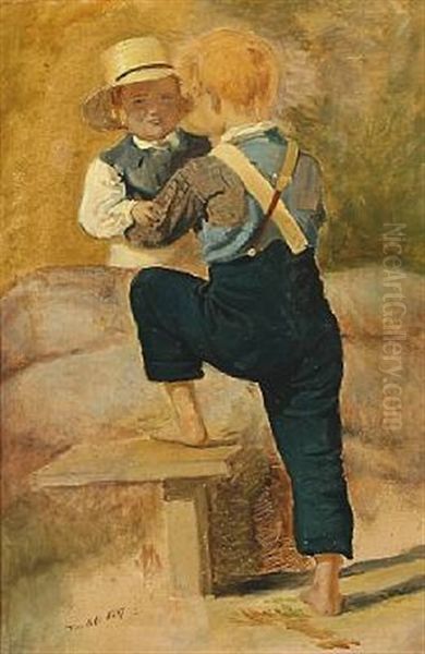 Two Boys By A Stone Wall - view 1