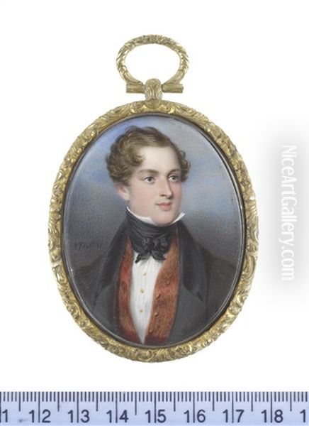 A Gentleman, Wearing Black Coat, Red Waistcoat, White Chemise With Gold Buttons, Black Stock And Tie, His Brown Curling Hair Parted To One Side - view 1