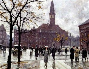 Radhuspladsen, I Baggrunden Ses Palace Hotel I Silhouet Mod Den Gra Himmel by T. Paul (Paul Johann Georg) Fischer
