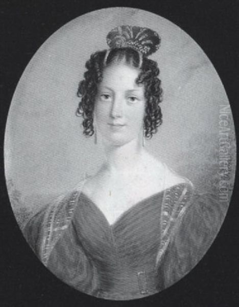A Lady Wearing Decollete Mauve Dress With Gold Buckle On Her Waistband And White Underslip, White Gauze Shawl And Gold Drop Earrings - view 1