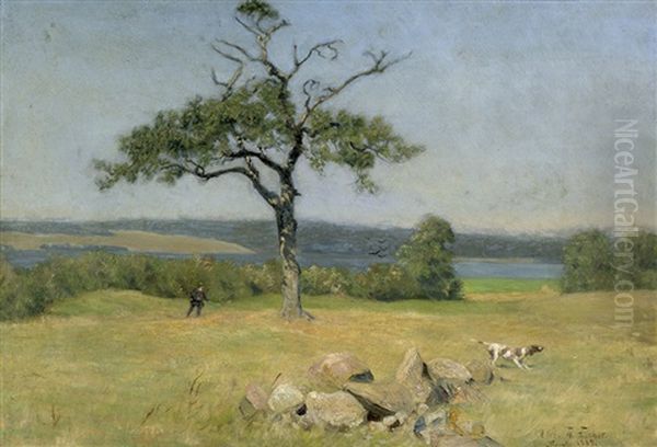 Jager Mit Seinem Hund Auf Der Jagd In Sommerlicher Landschaft - view 1