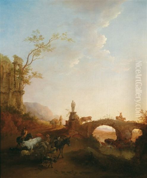 Flusslandschaft Mit Steinerner Bogenbrucke, Antiken Ruinen Und Einem Hirten Mit Herde - view 1