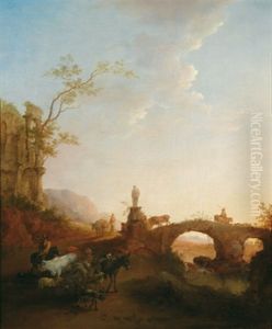 Flusslandschaft Mit Steinerner Bogenbrucke, Antiken Ruinen Und Einem Hirten Mit Herde by Vinzenz Fischer