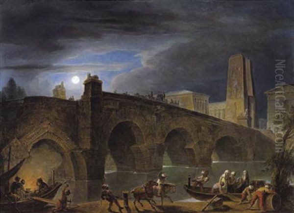 Blick Auf Eine Steinerne Bogenbrucke Und Die Klassizistischen Bauten Einer Stadt Bei Mondschein, Im Vordergrund Boote Mit Figuren Und Treidelpferden - view 1