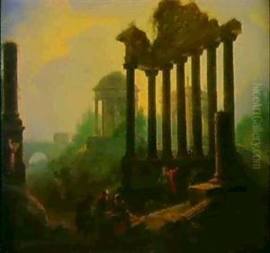 Ideale Landschaft Mit Romischen Ruinen, Einem Rundtempel Und Figuren by Vinzenz Fischer
