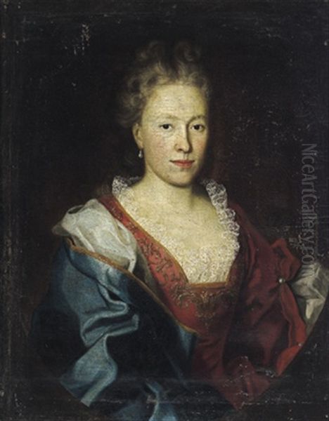 Bildnis Der Eleonora Juliana Von Hirschligau Geb. Von Volckerin In Rotem, Goldgestickten Und Spitzenbesetzten Kleid Mit Blauem Umhang - view 1