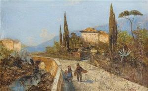 Villa An Oberitalienischem See Mit Brucke Und Personenstaffage by Georg Fischhof