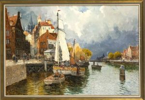 Grose Hollandische Hafenpartie Mit Marktfrauen by Georg Fischhof