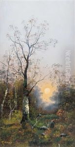 Zwei Bilder : A) Reisigsammlerin Im Birkenhain Bei Abendsonne B) Wildenten In Aulandschaft  (2 Works) by Georg Fischhof