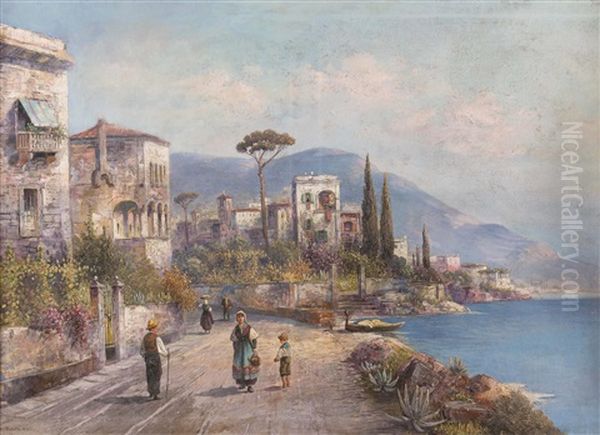 Landschaft Mit Villen An Oberitalienischem See Mit Personenstaffage - view 1