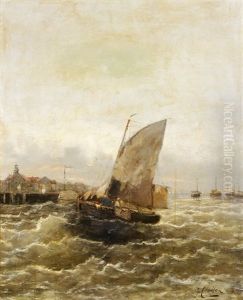 Fischerboote Bei Bewegter See Vor Hafen by Georg Fischhof