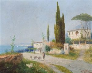 Italienische Landschaft Mit Schafherde Und Hirte by Georg Fischhof
