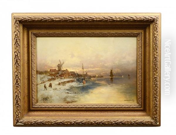 Winter Coastal Landscape With Windmill, Boats And Figures - view 1