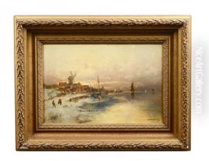 Winter Coastal Landscape With Windmill, Boats And Figures Winter Coastal Landscape With Windmill, Boats And Figures