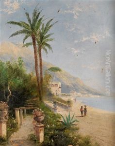 Italienische Kustenlandschaft Mit Palmen Zwischen Uferpromenade Und Pergola