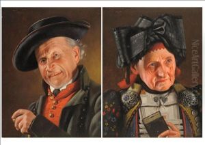 Portrait Of An Elderly Lady, Wearing An Ornate Costume And Black Hat In The Form Of A Large Ribbon (+ Portrait Of An Elderly Gentleman...; Pair)