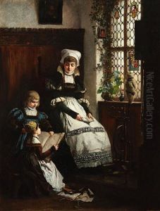 Mother And Children In Interior by Georg Fischhof