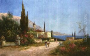 Blick Auf Den Golf Von Neapel Mit Personen, Kirche Und Agaven by Georg Fischhof