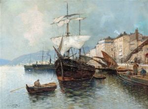 Italienischer Hafen Mit Fischerbooten Und Einem Dampfschiff by Georg Fischhof