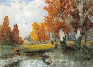 Herbstliche Aulandschaft Mit Reisigsammlerin by Georg Fischhof
