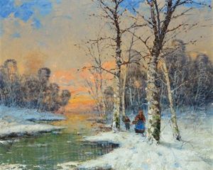 Winterliche Abendstimmung Am Flus by Georg Fischhof