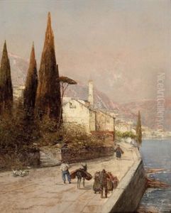 Italienische Kustenlandschaft Mit Figuraler Staffage by Georg Fischhof