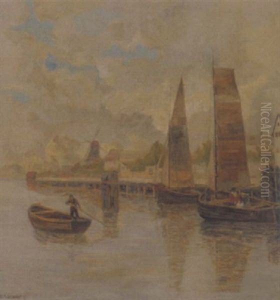 Hollandische Flusslandschaft Mit Fischerbooten - view 1