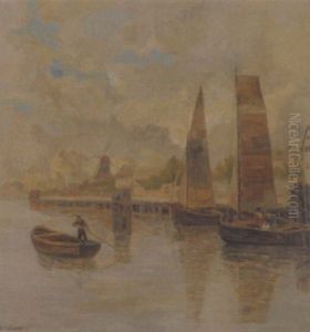 Hollandische Flusslandschaft Mit Fischerbooten by Georg Fischhof
